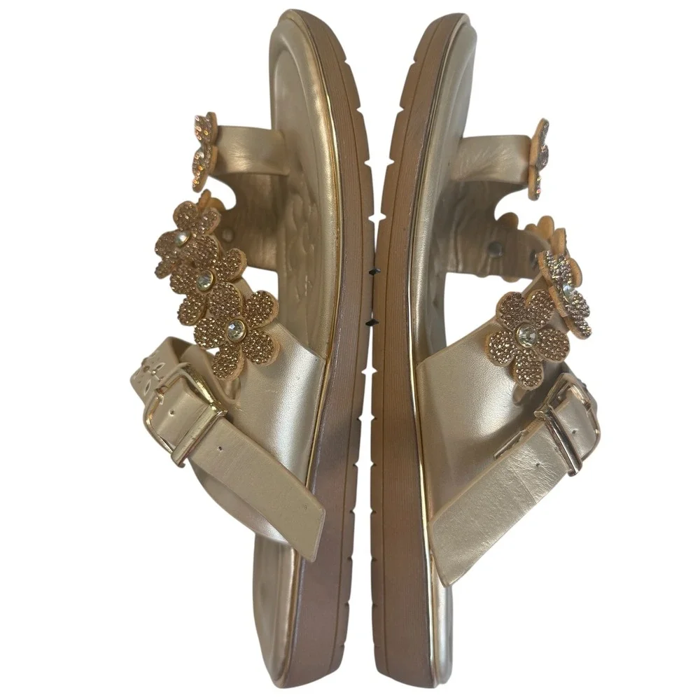 Womens Flower Rhinestones Thong Sandals Sz 8 Gold Summer Coquette Beach Vacation